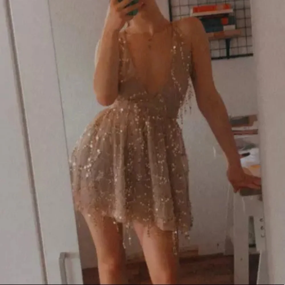 Gold Sequin Tassel Party Cocktail Halter Dress - Picture 3 of 12
